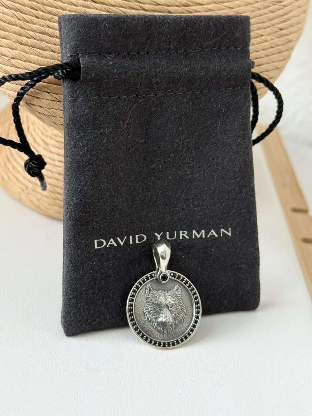 David Yurman .925 Sterling Silver Petrvs Wolf Pendant Amulet with Black Diamonds